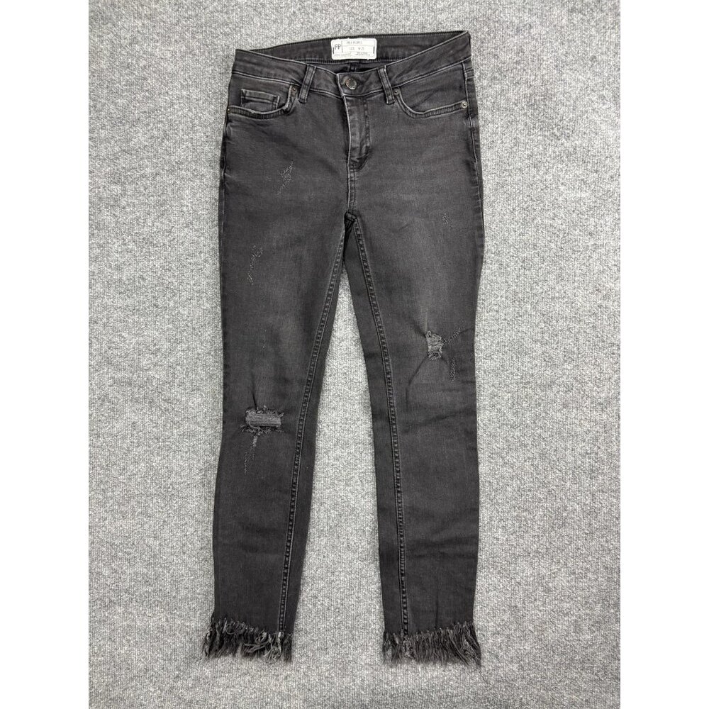 Free People Jeans Womens 25 Charcoal Wash Mid Rise Skinny Fringe Hem Distressed